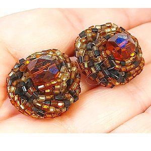 Vintage Faux Amber Crystal Bead Cluster Clip On Earrings 40-60's Classic JAPAN